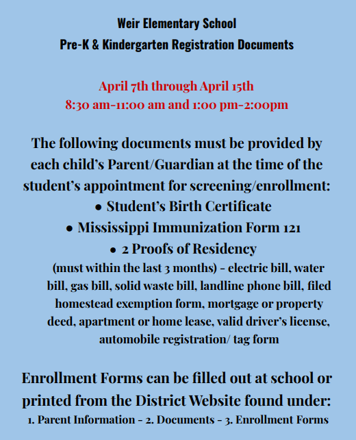Weir Elementary School Pre-K and Kindergarten Registration for 2021-2022