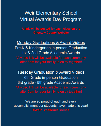 Weir Elementary School  Graduation and Awards 2020-2021
